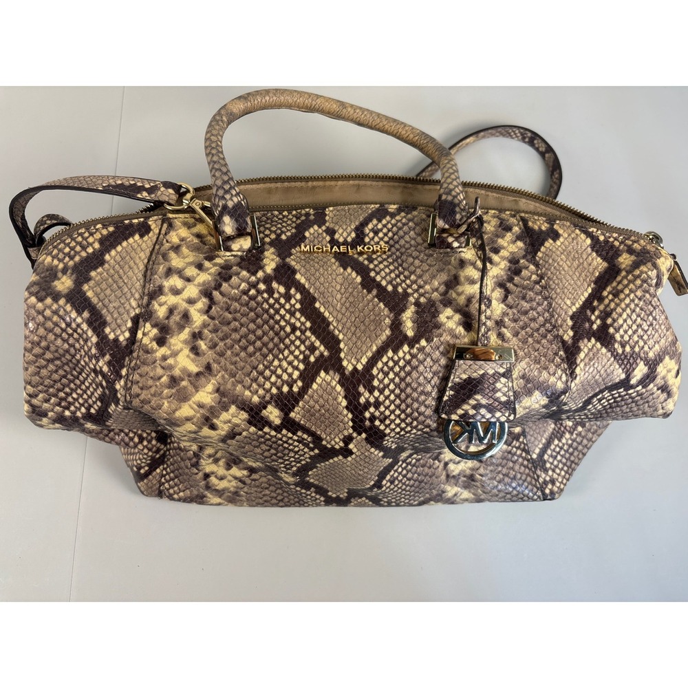 Michael Kors Python Embossed Leather Satchel Handbag Tan Brown Gold Tone MK Logo